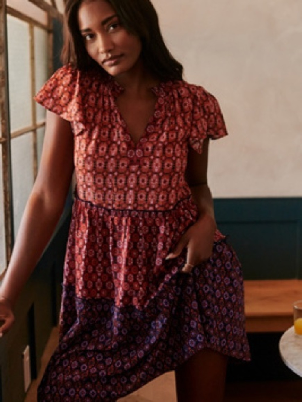 Anthropologie Floral Tiered Short-Sleeve Midi Dress - Red XL boho - Picture 2 of 10